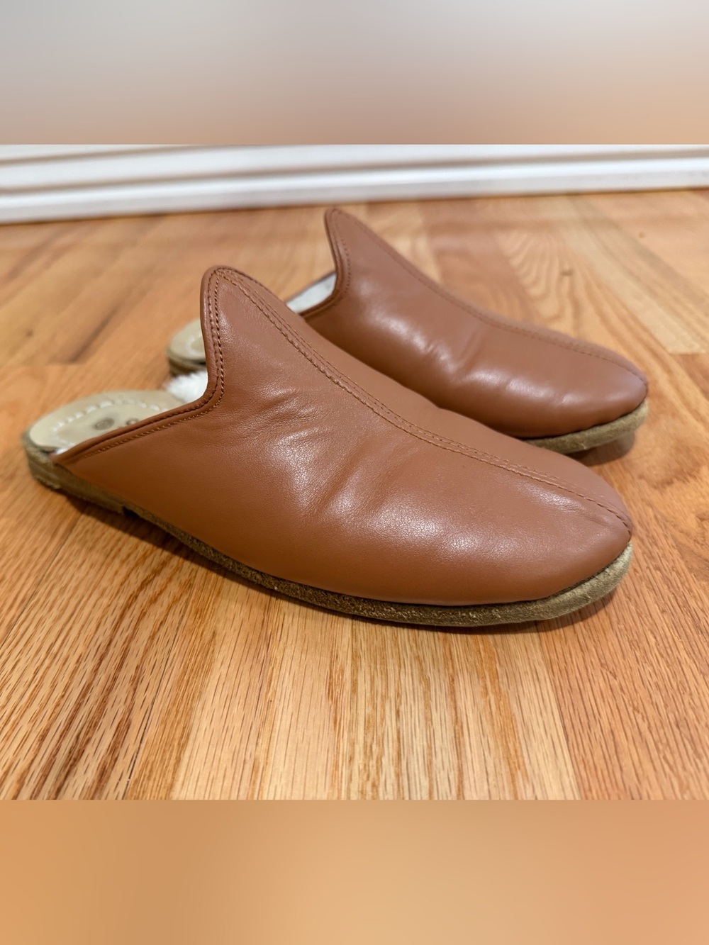 Handmade Leather Shearling Lined Mule Slippers Cognac Size 39